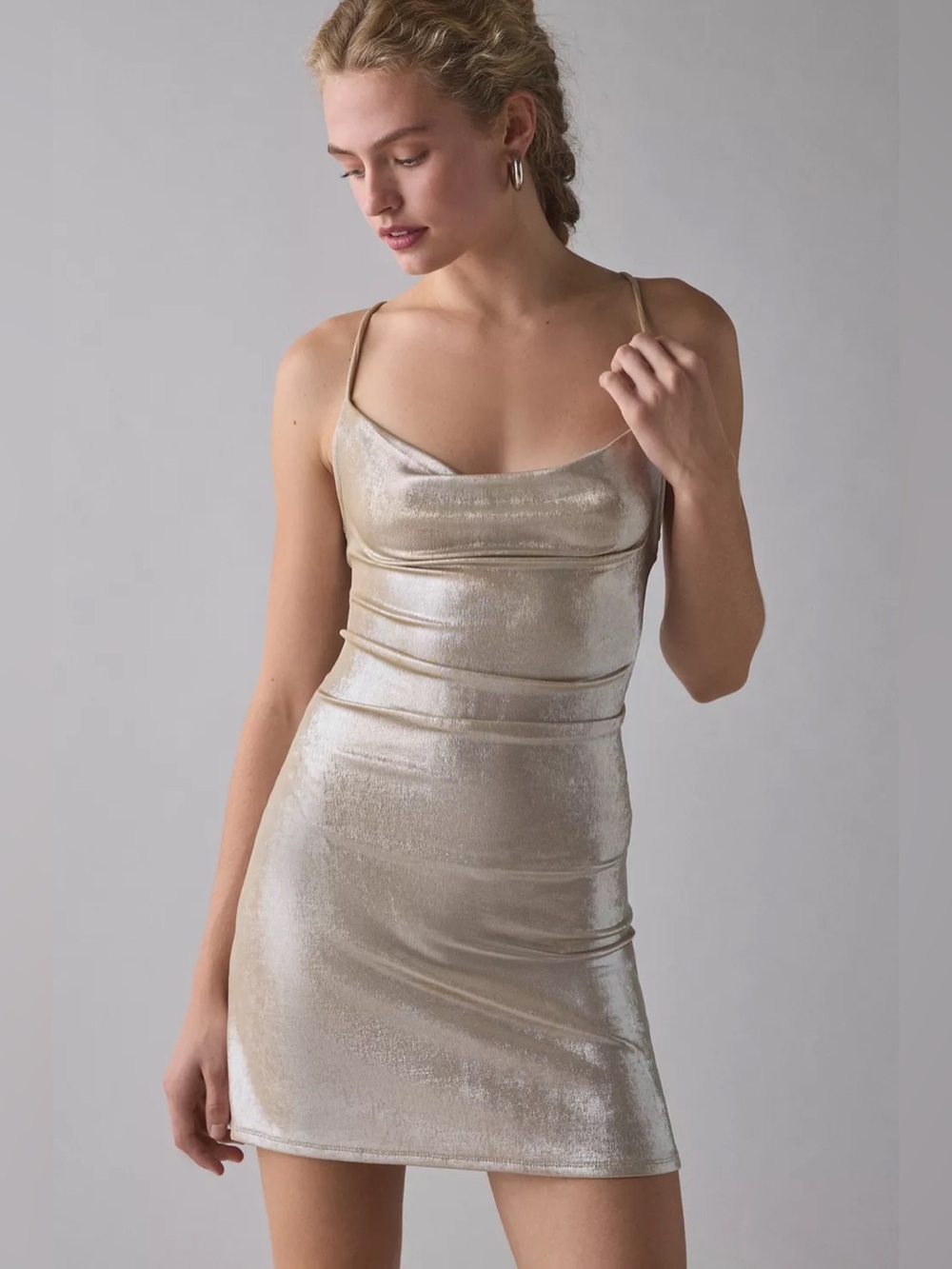 Urban Outfitters | Melody Metallic Cowl Neck Strappy Back Mini Dress Taupe